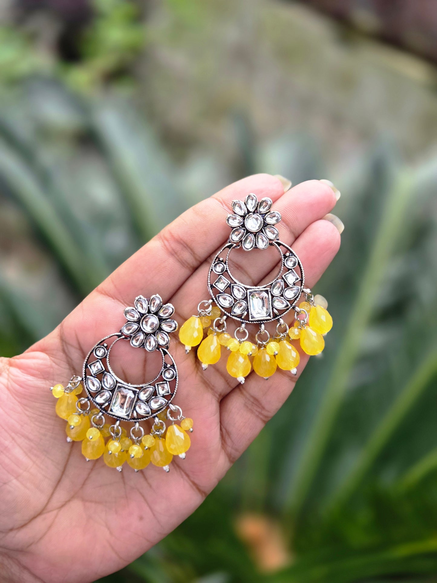 Oxidised Silver Chaandbhali Kundan Beaded Earrings ER 754
