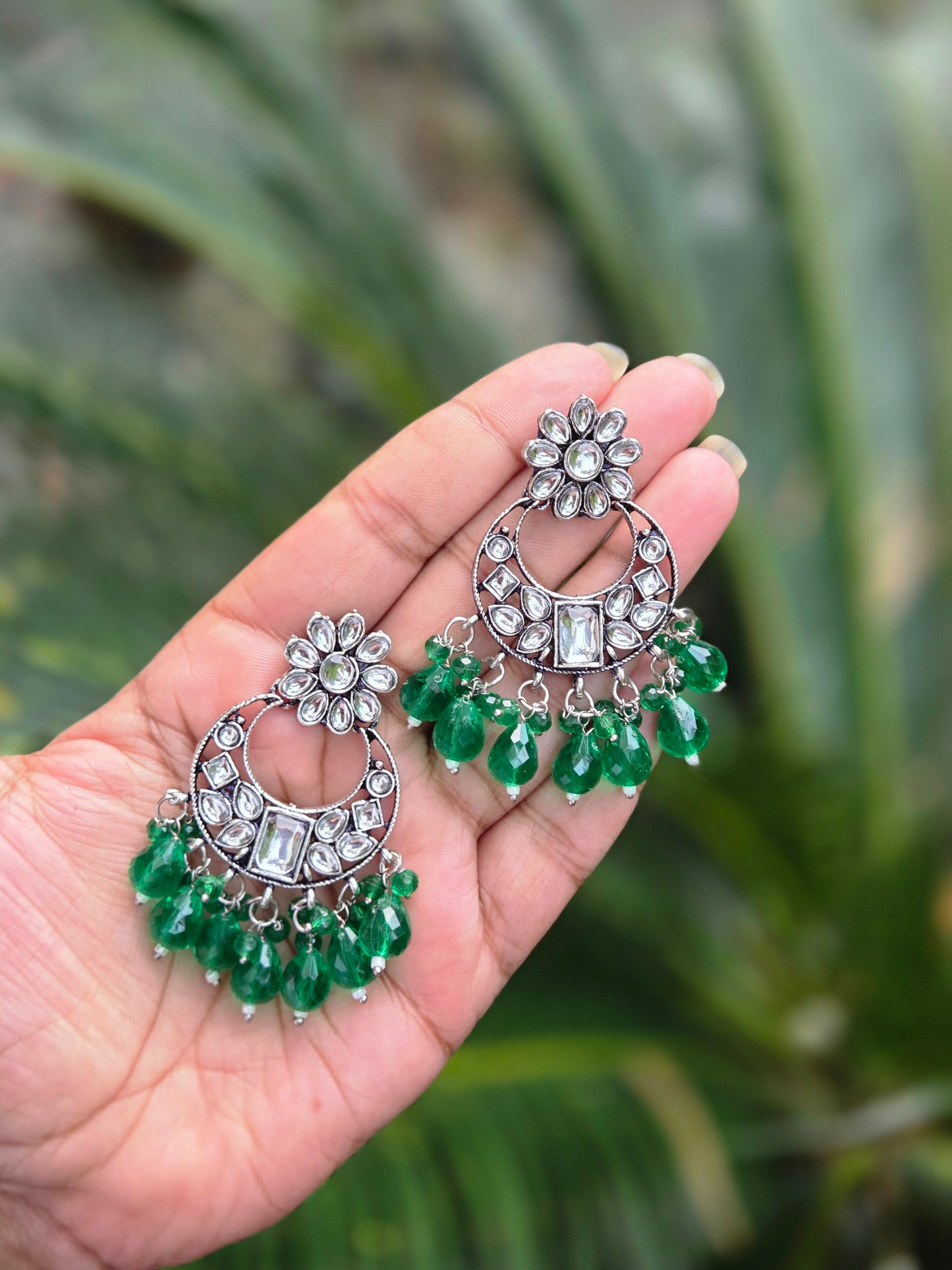 Oxidised Silver Chaandbhali Kundan Beaded Earrings ER 754