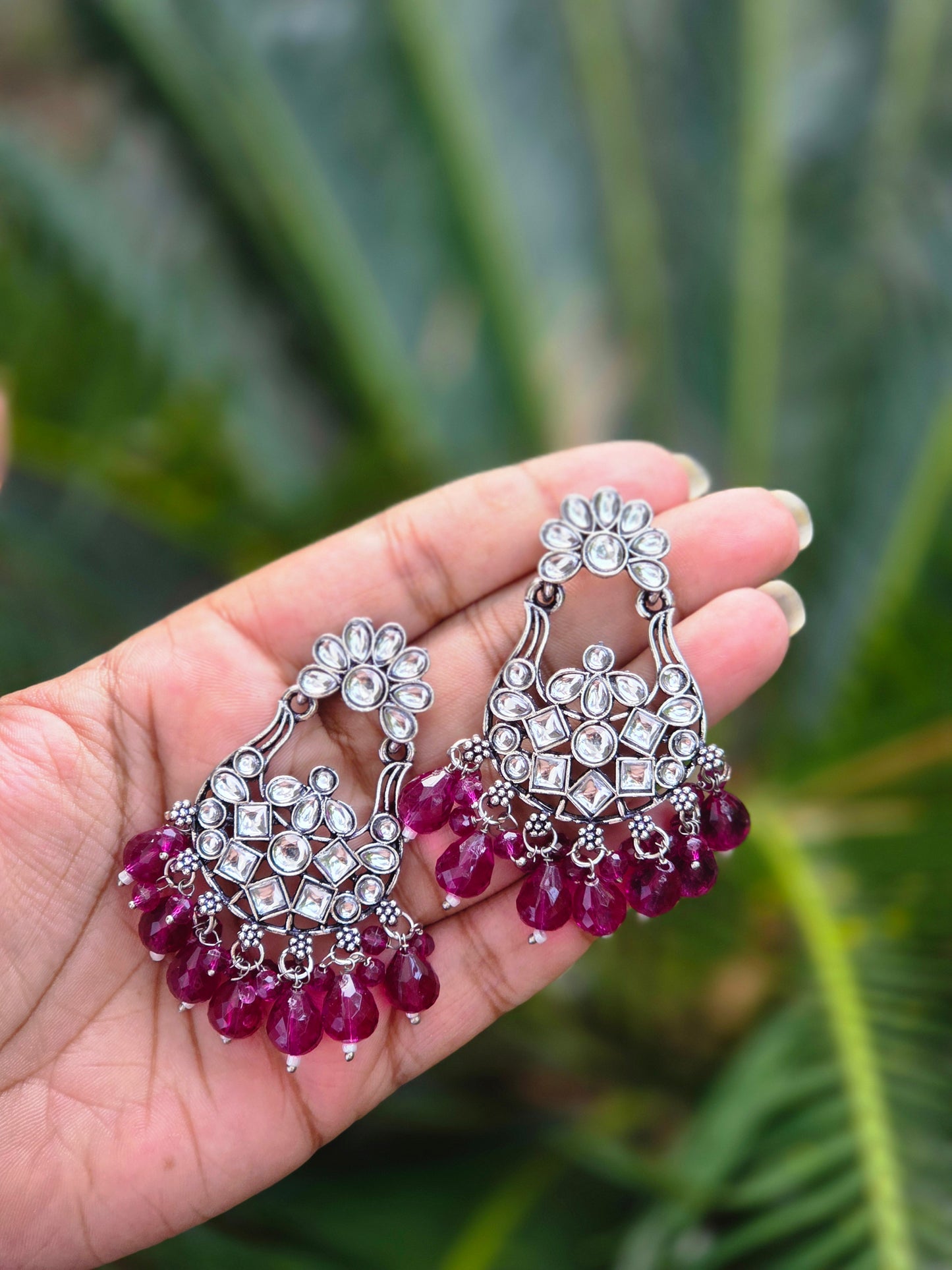Oxidised Silver Kundan Earrings ER 758