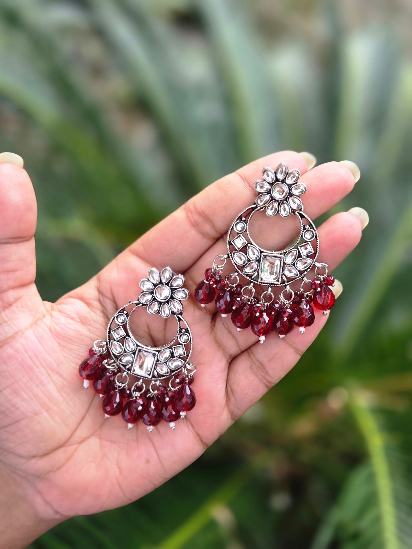 Oxidised Silver Chaandbhali Kundan Beaded Earrings ER 754