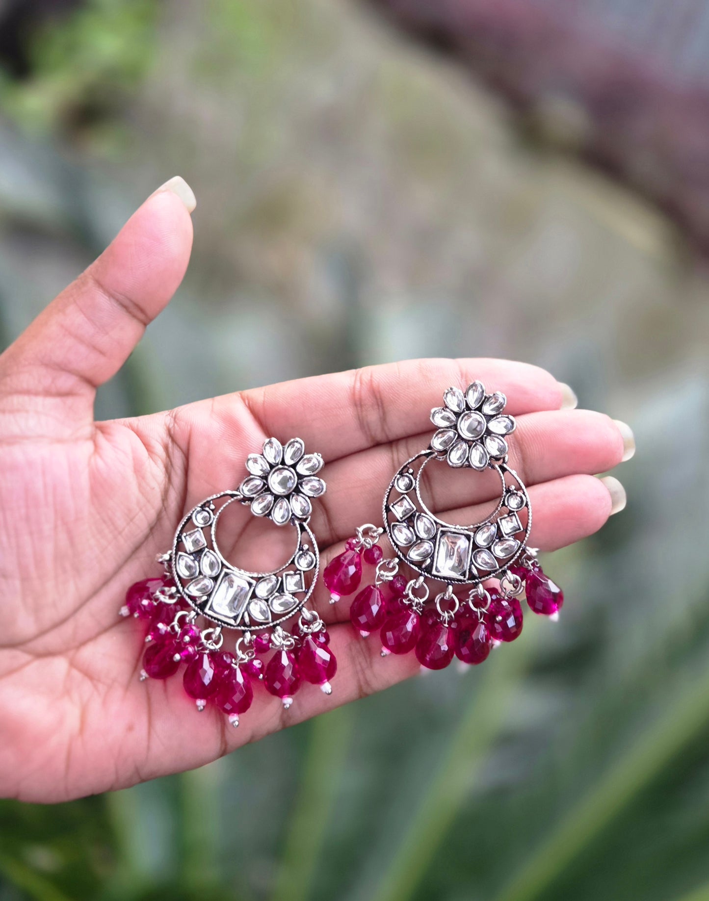 Oxidised Silver Chaandbhali Kundan Beaded Earrings ER 754