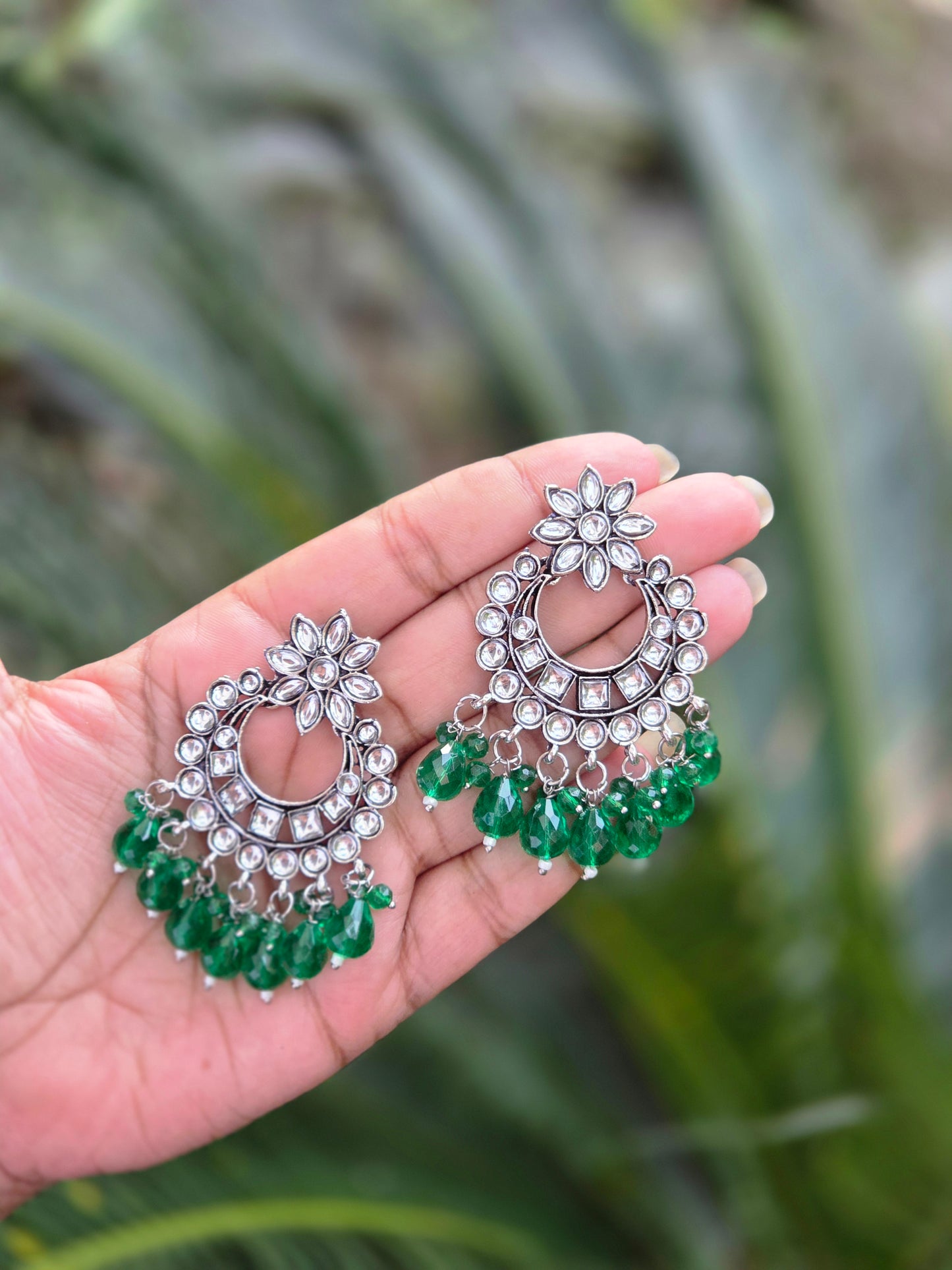 Oxidised Silver Chaandbali Kundan Earrings ER 757