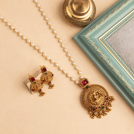 Gold-Polish Temple Lakshmi Pearl long Necklace 1270