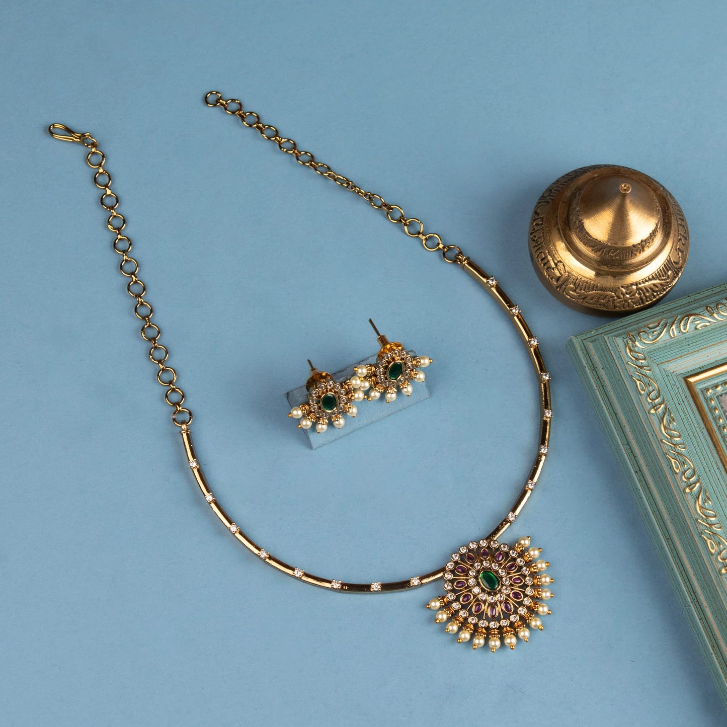 Gold Polish Floral AD Necklace 1217