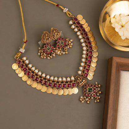Gold-Toned Lakshmi Kaasu Pearl Choker Necklace 1358