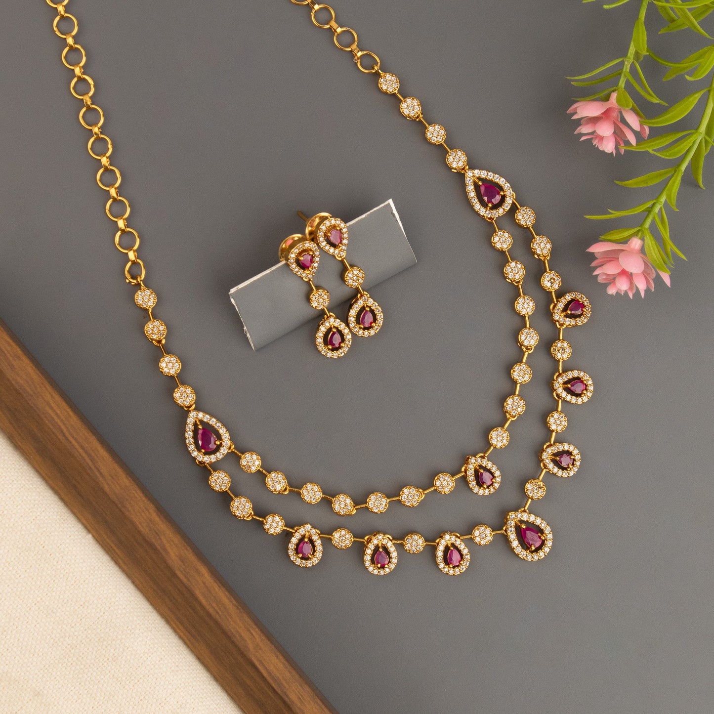 Gold-Toned Tear-Drop Designed Two-Layer Necklace 1521