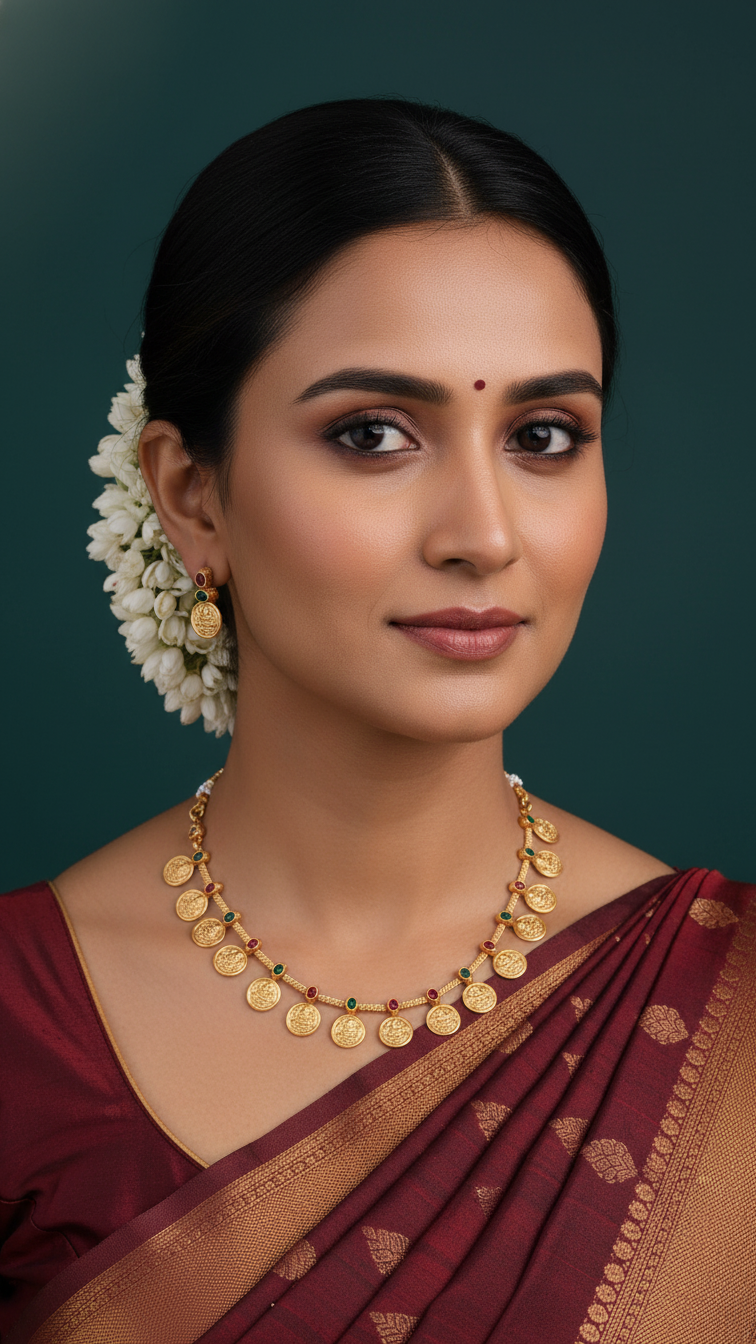 Gold-Toned Kaasu Lakshmi  Designed Simple Coin Necklace 004