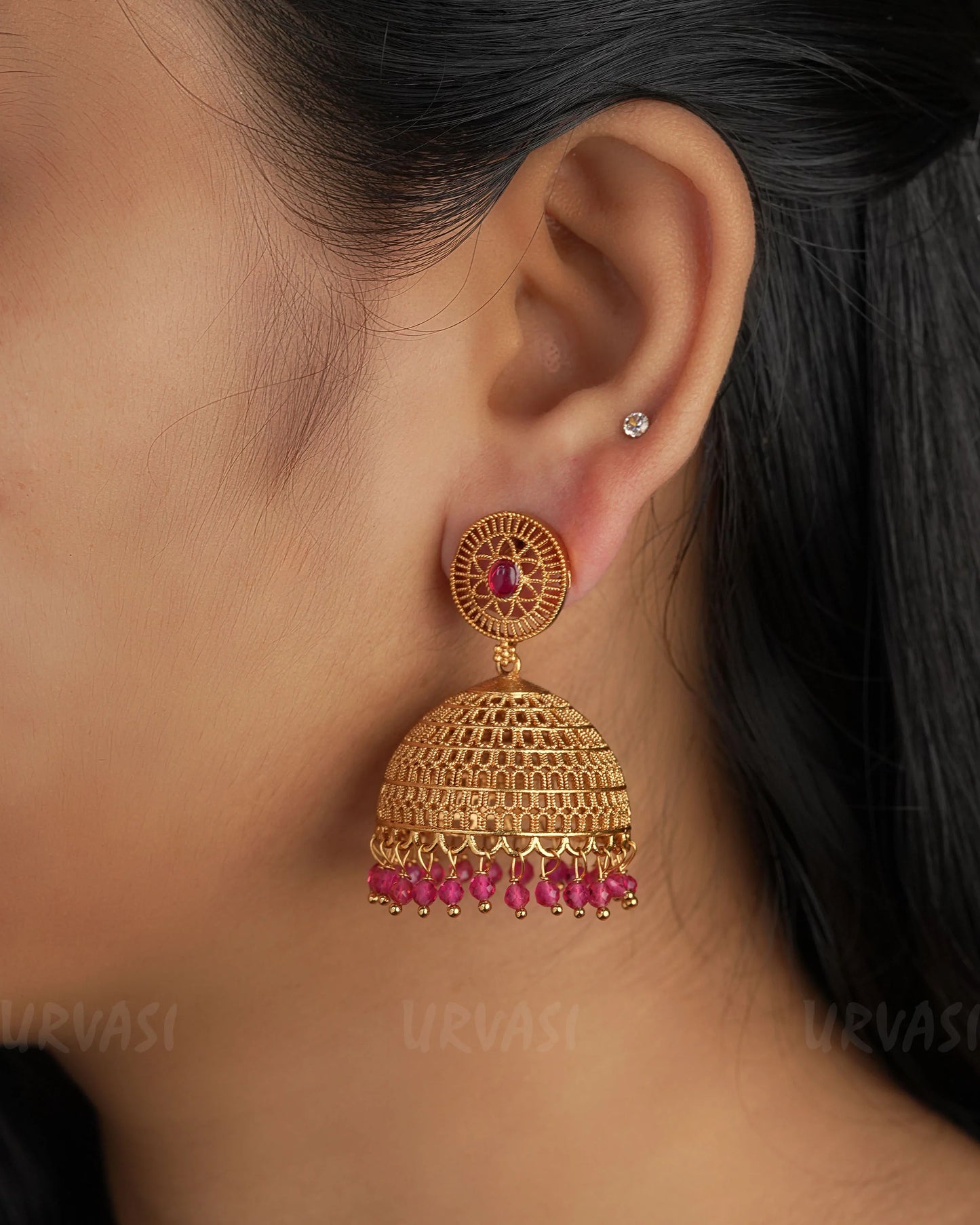 Gold-Toned Floral Hanging Jhumka Earrings ER 277