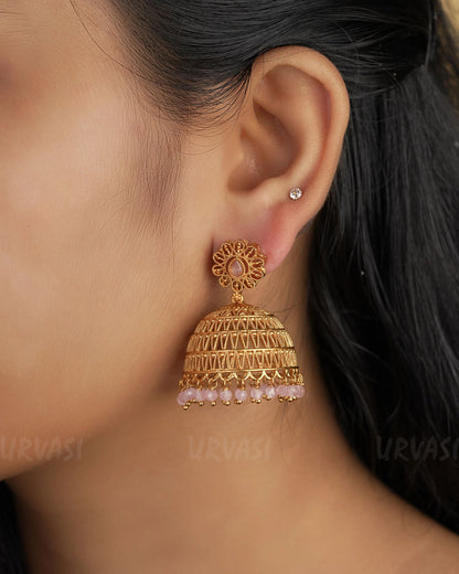 Gold-Toned Tear Drop Designed Bead Hanging Jhumka Earrings ER 252