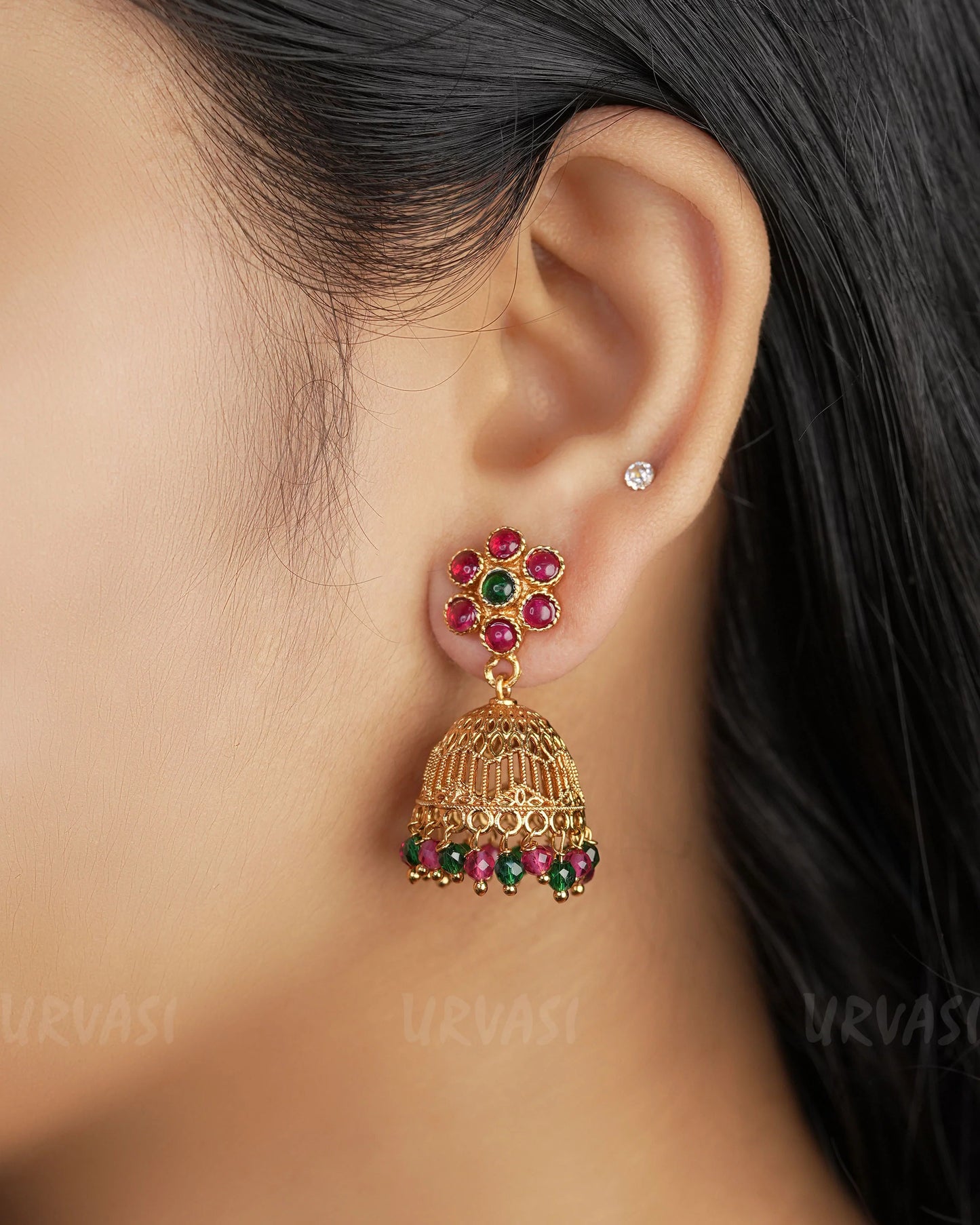 Gold-Toned Ruby Jhumka Earrings ER 378