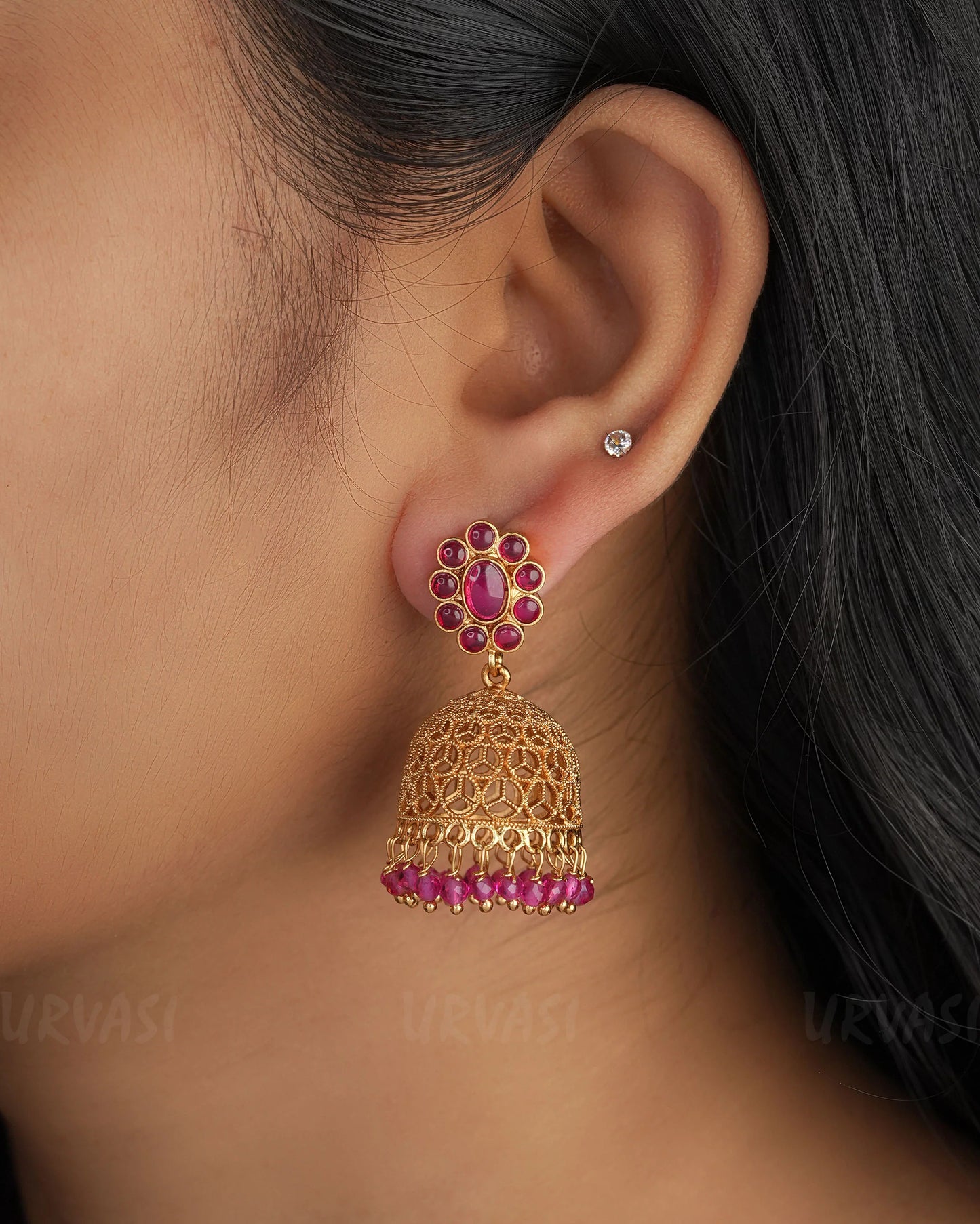 Gold-Toned Floral Ruby Green  Jhumka Earrings ER 335