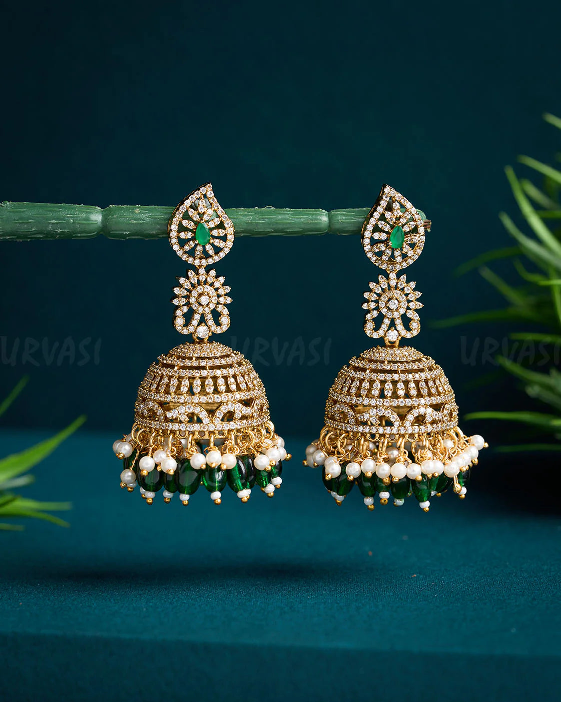 Gold-Toned Bead Hanging AD Earrings ER 610