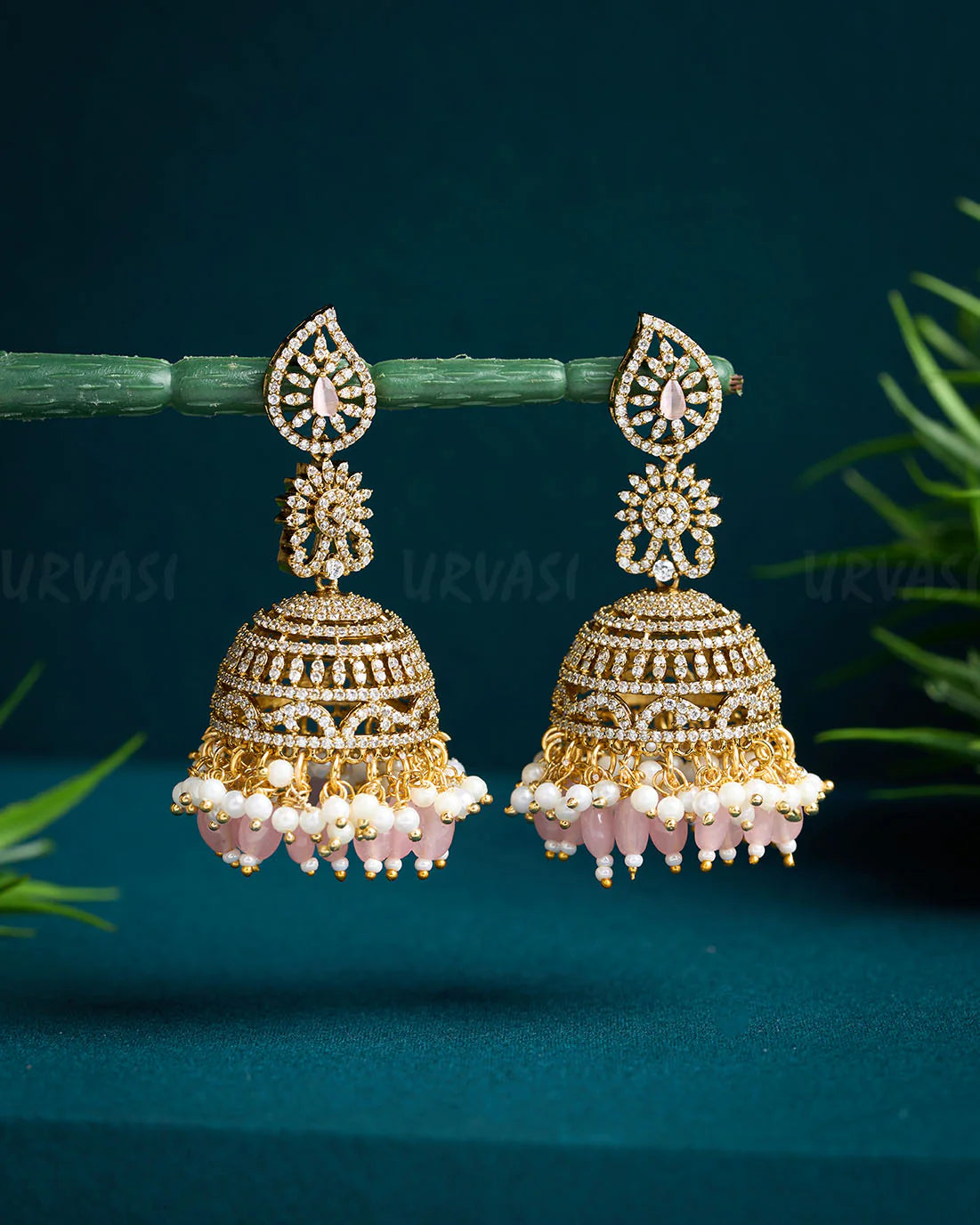 Gold-Toned Bead Hanging AD Earrings ER 610
