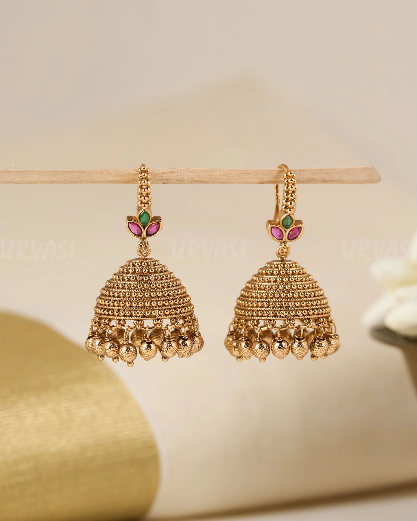 Gold-Toned Ruby Golden  Beads Hanging Earrings ER 653
