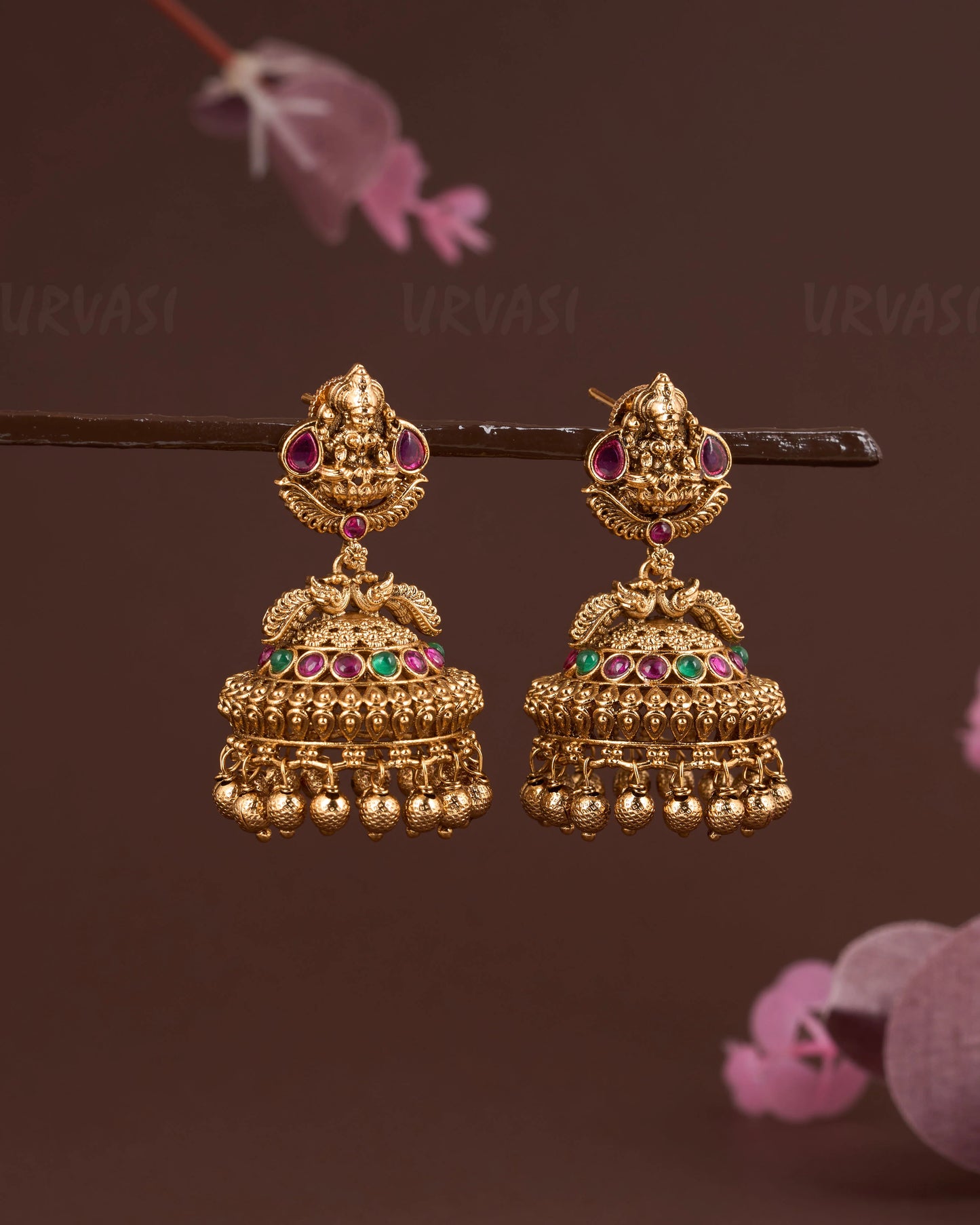Gold Tone Lakshmi Peacock Motif Jhumka Earrings ER 711