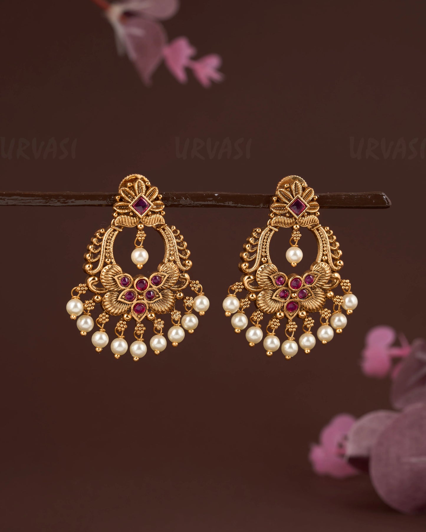 Gold-Toned Floral Bead Hanging Earrings ER 685