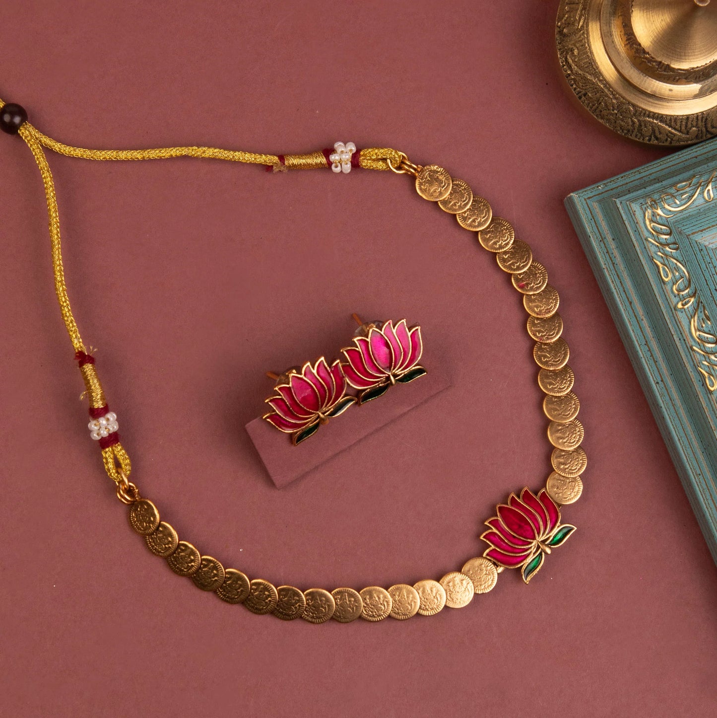 Gold-Toned Lotus Motif Coin Designed Choker Necklace 1145