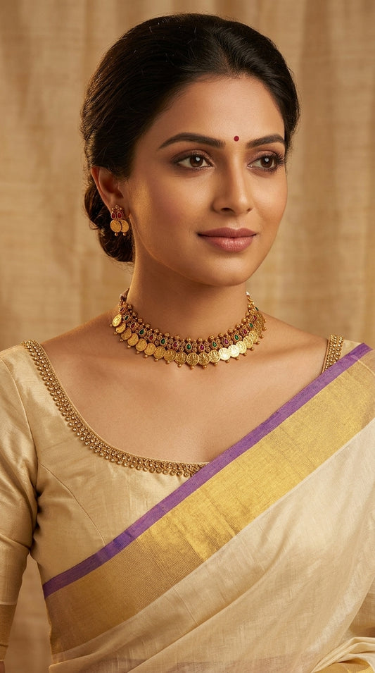 Gold-Toned Kaasu Tear-Drop Designed  Necklace 775