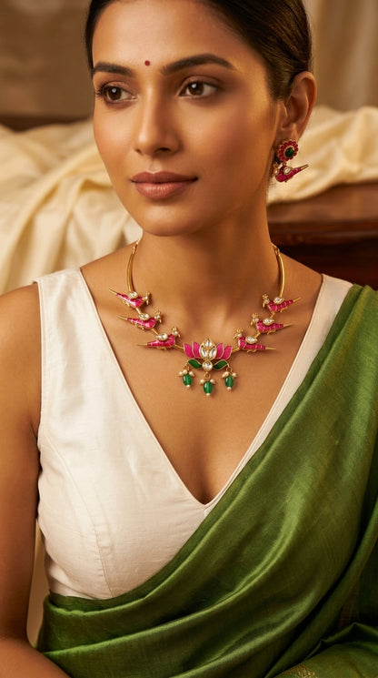 Gold-Toned Lotus Hasli Meenakari Necklace 1411