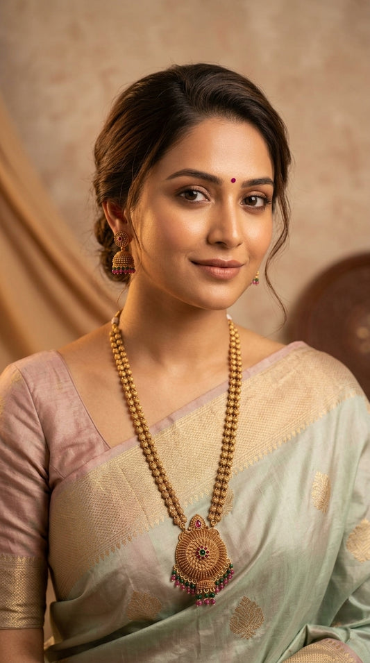 Gold-Toned Floral Jhumka Hanging Long Necklace 819