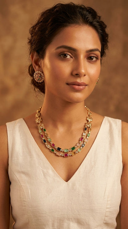 Gold-Toned Floral Stone-Studded Multi Necklace  1407