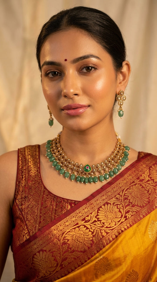 Gold-Toned Chakra Designed Tear-Drop Bead Hanging Necklace 1416