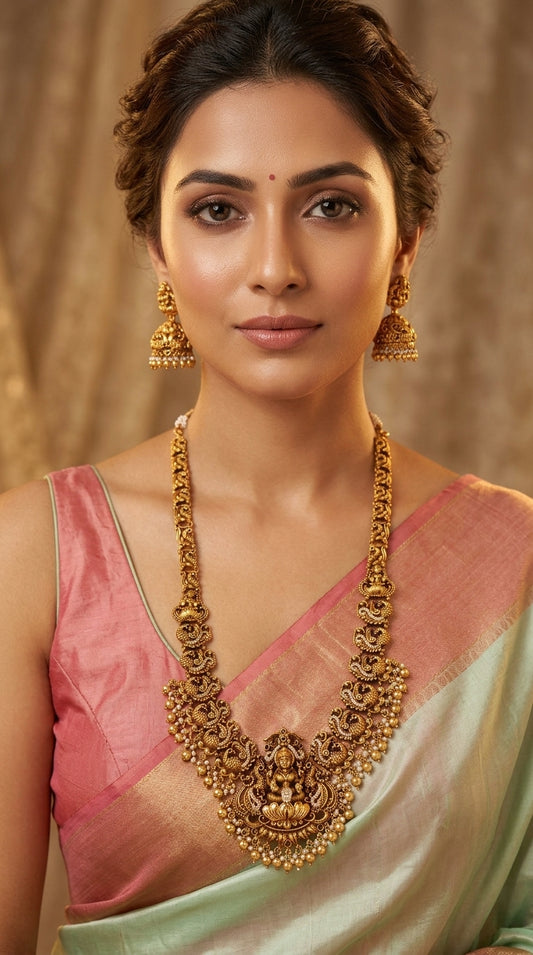 Glossy-Gold Finish AD Long Necklace 1261