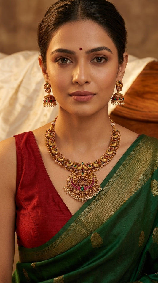 Gold-Toned Peacock Pushpa Pearl Beaded Necklace 1413