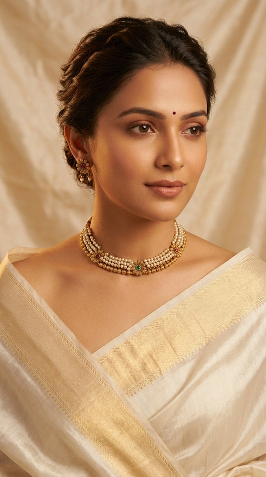 Gold-Toned Ghungroo Floral Pearl Necklace 953