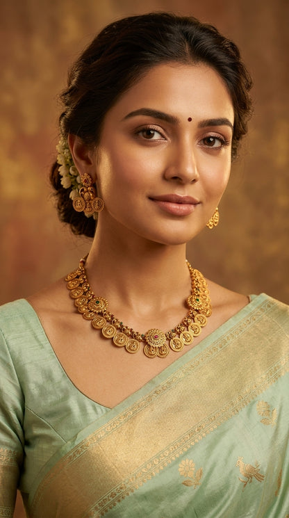 Gold-Toned Lakshmi Peacock motif Kaasu Necklace 589