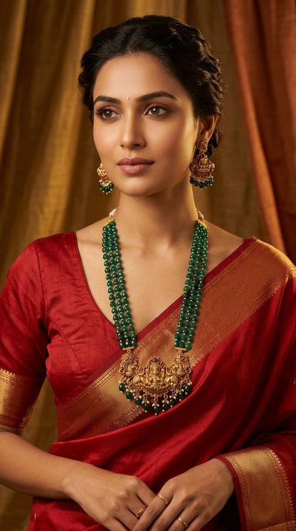 Gold-Toned Lakshmi Pendant Peacock Three Layer Beaded Necklace 1410