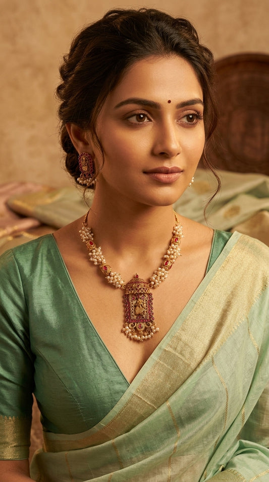Gold-Toned Temple Pearl Designed Necklace 1444
