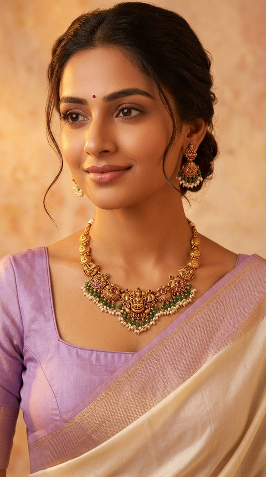 Premium Antique Lakshmi Floral Peacock Motif Necklace 1463