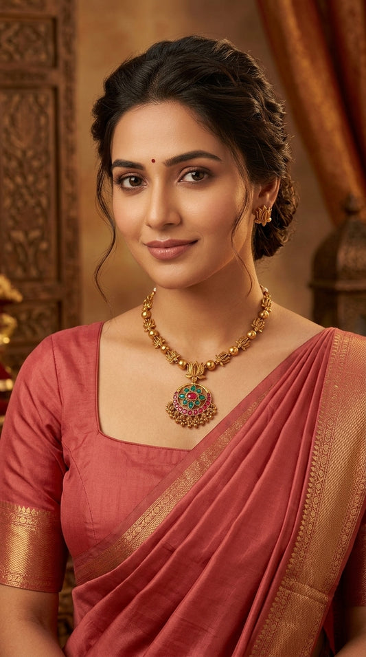 Gold-Toned Floral Pendant Lotus Necklace 1465