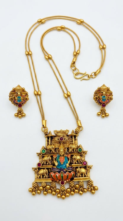 Gold-Toned Gopuram Pendant Lakshmi Necklace 1594