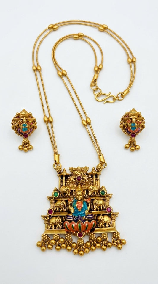 Gold-Toned Gopuram Pendant Lakshmi Necklace 1594