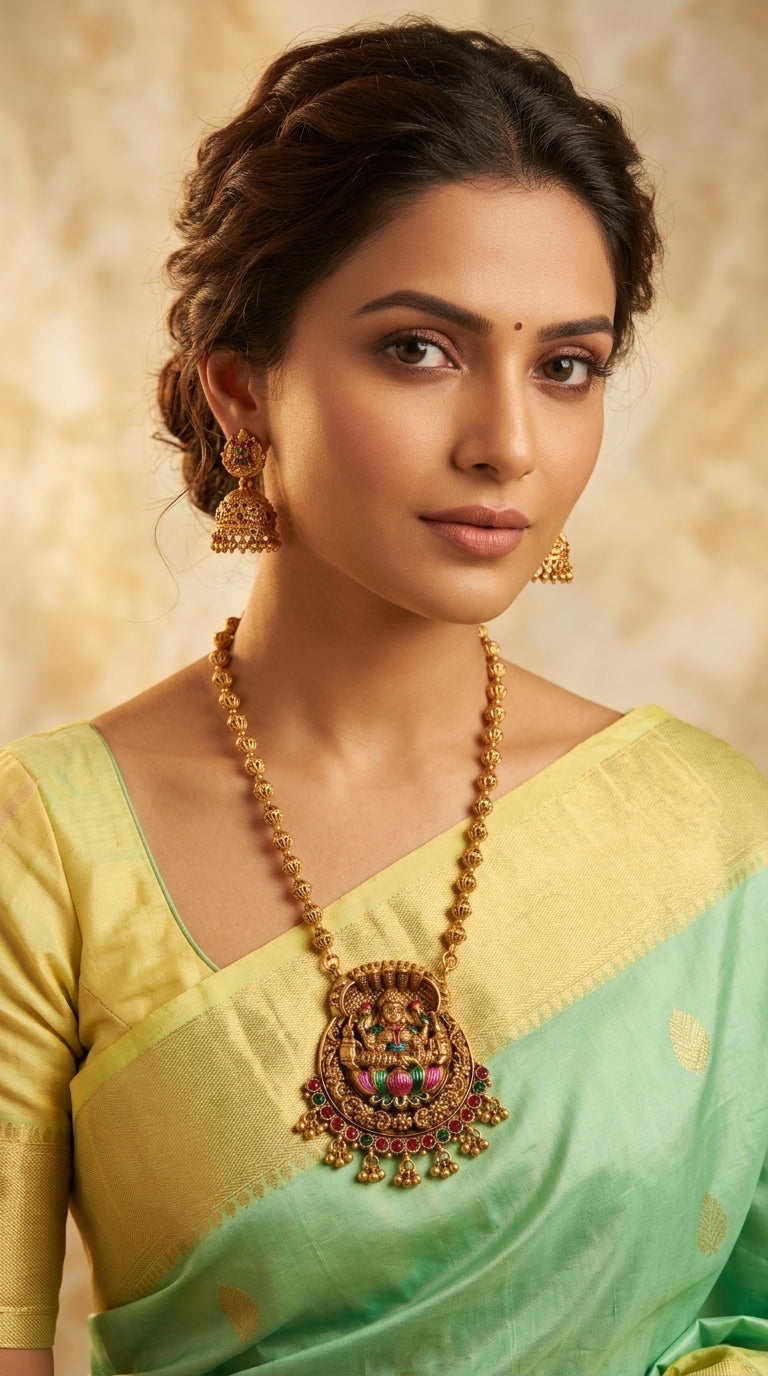 Gold-Toned Lakshmi Pendant Floral Short Necklace 1405