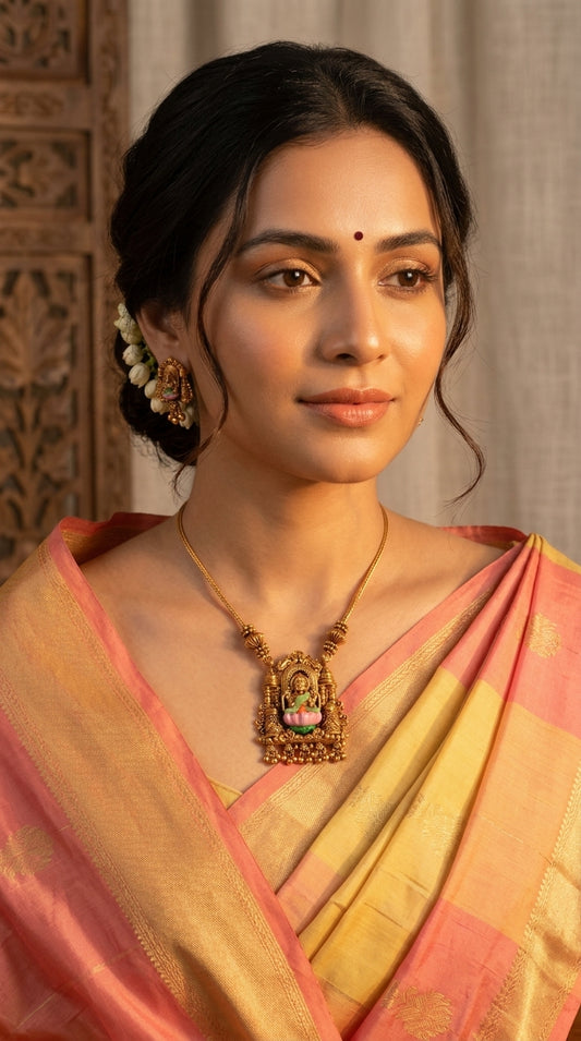 Gold-Polish Lakshmi Pendant Simple Chain Necklace 1433