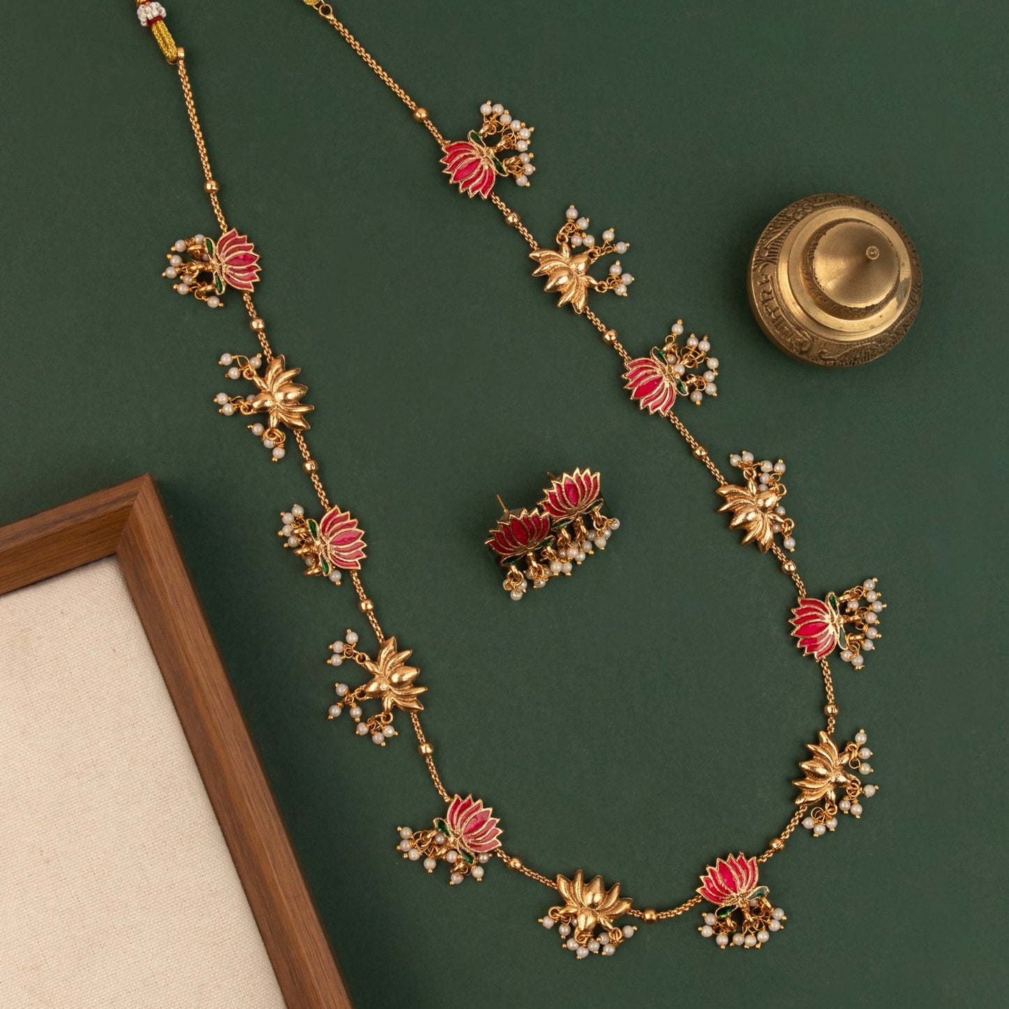 Gold-Toned Lotus Pearl Motifs  long Necklace  1729