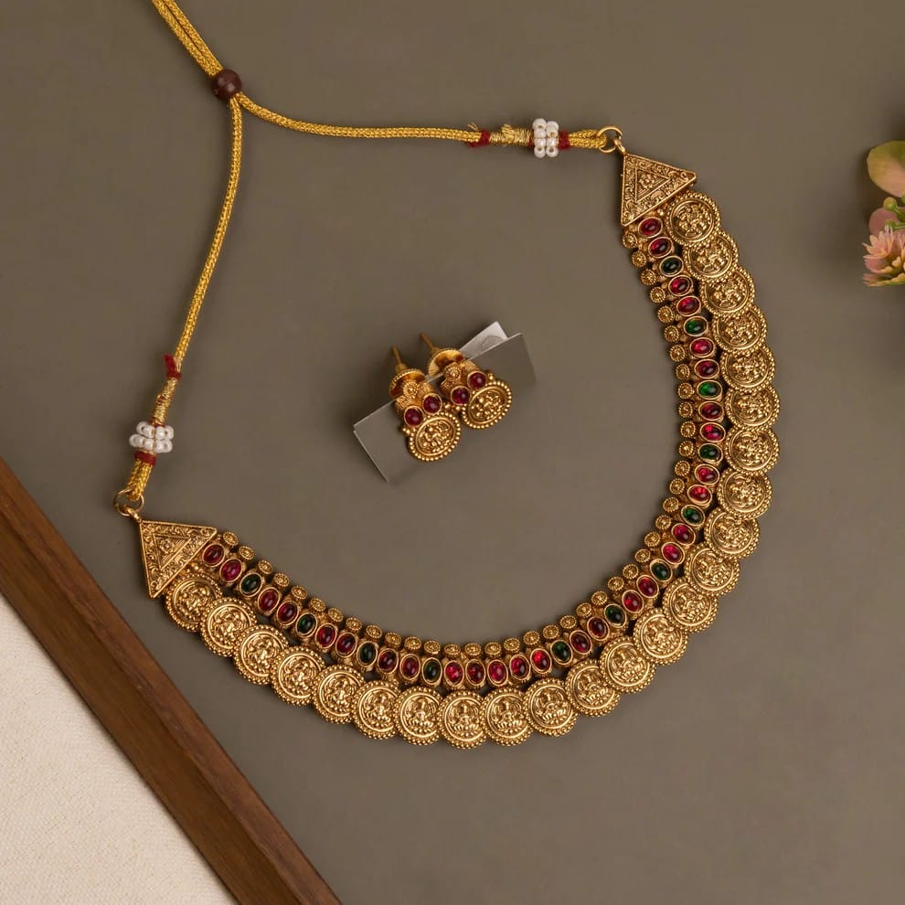 Gold-Toned Traditional Lakshmi Kaasu  Choker Necklace 1735