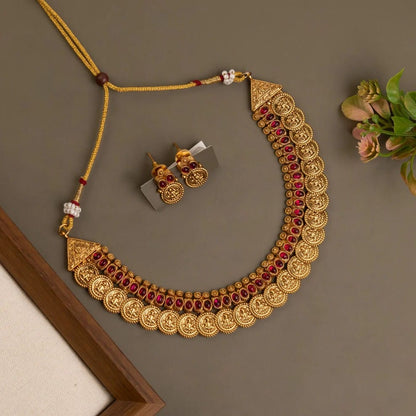 Gold-Toned Traditional Lakshmi Kaasu  Choker Necklace 1735