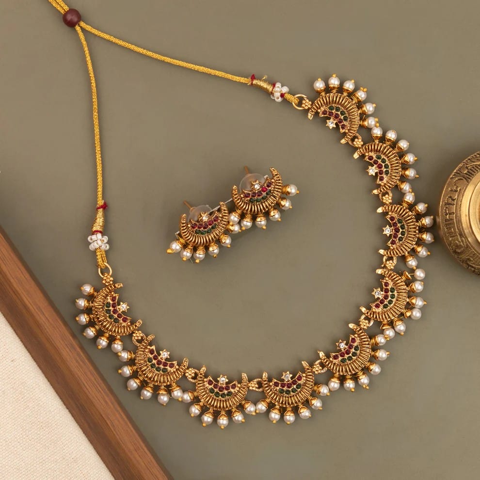 Gold-Toned  Half-Moon  Pearl Drop Necklace 1763