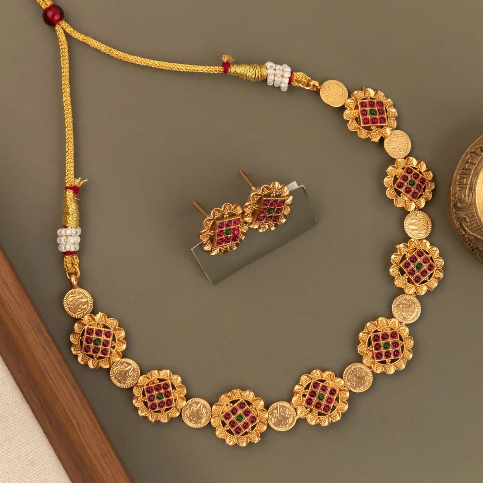 Gold-Floral Traditional Lakshmi Kaasu  Choker Necklace 1741