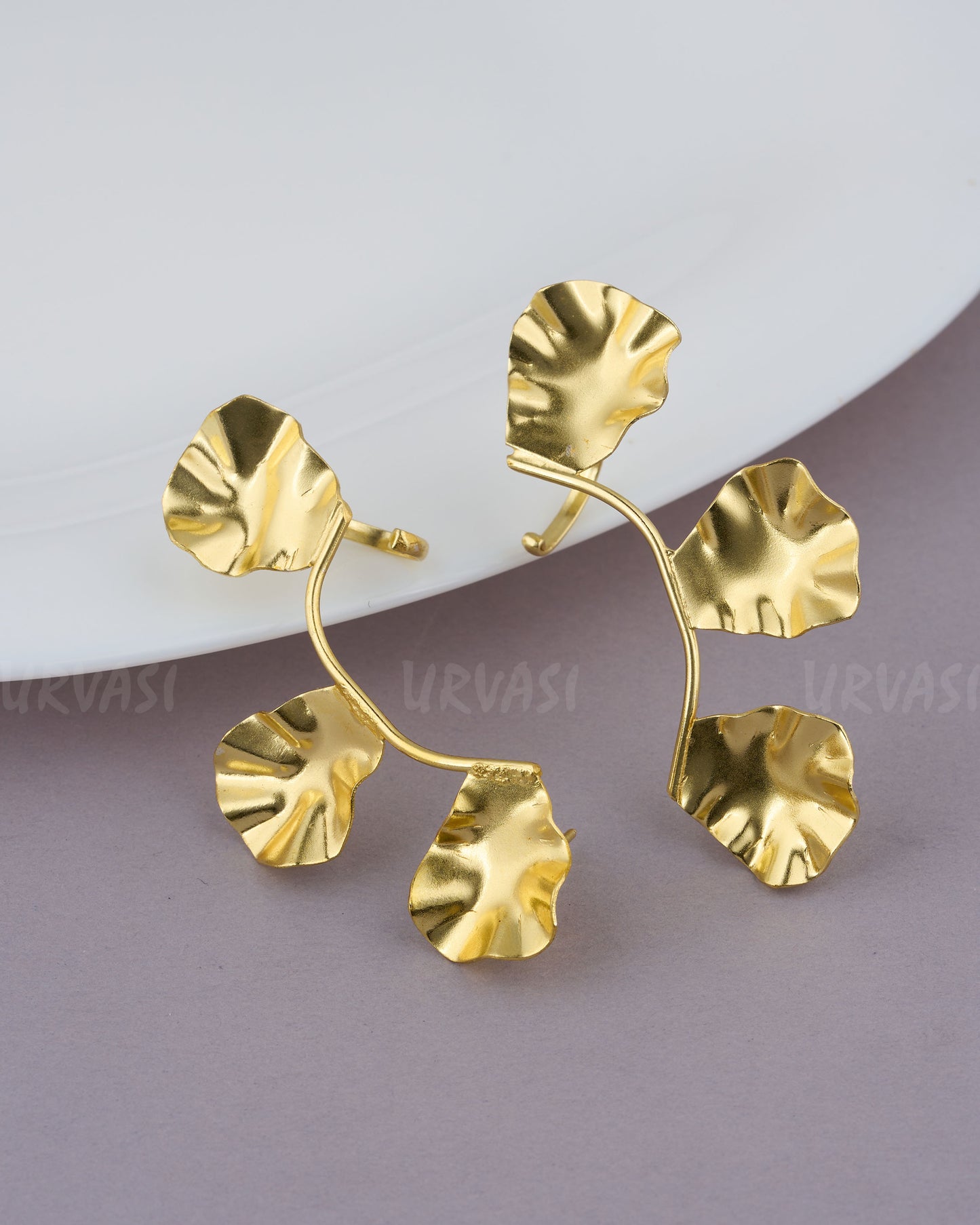 Gold-Toned Gingko Leaf Brooch Statement EarCuff  Earrings ER 121