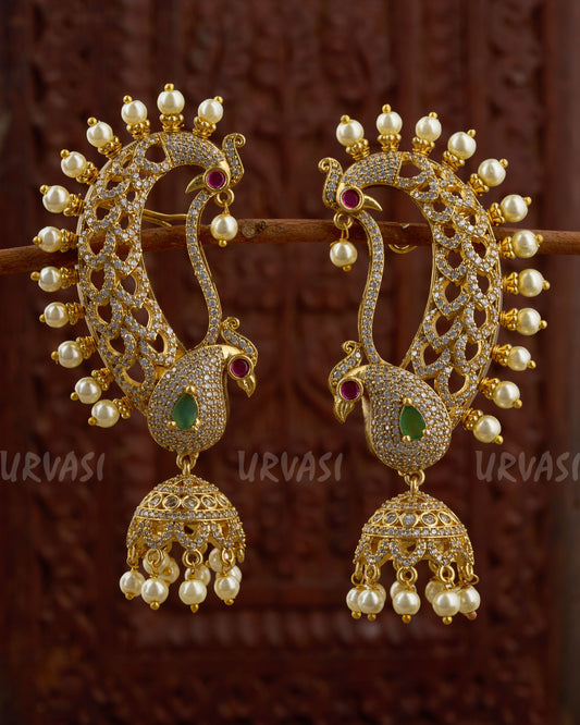 Gold-Toned Peacock-Motif Pearl EarCuff Earrings ER 886