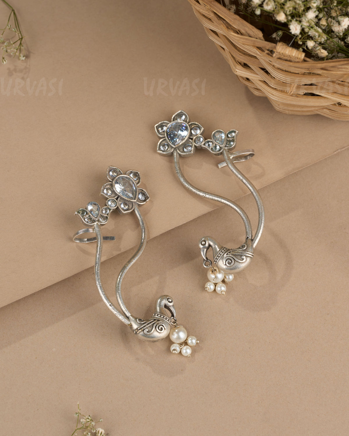 Oxidised Silver Floral Peacock Earcuff Earrings ER 1268