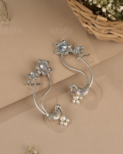 Oxidised Silver Floral Peacock Earcuff Earrings ER 1268