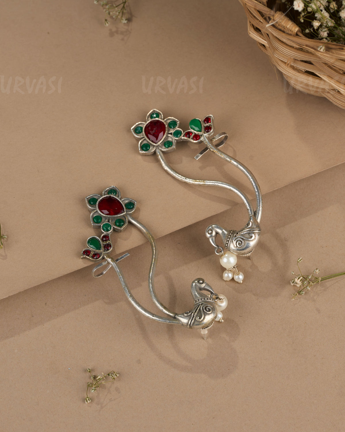 Oxidised Silver Floral Peacock Earcuff Earrings ER 1268