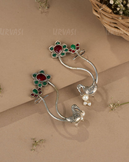 Oxidised Silver Floral Peacock Earcuff Earrings ER 1268
