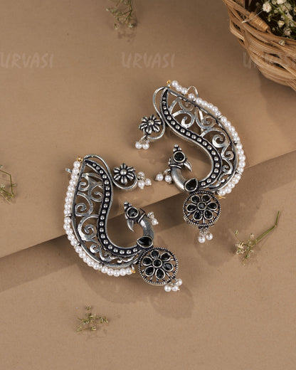 Oxidised Silver Floral Peacock Earcuff Earrings ER 1265